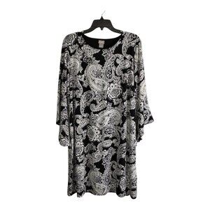 Chicos Dress Size 2=Large Black Floral Flare Sleeve Knee Length Lined Casual